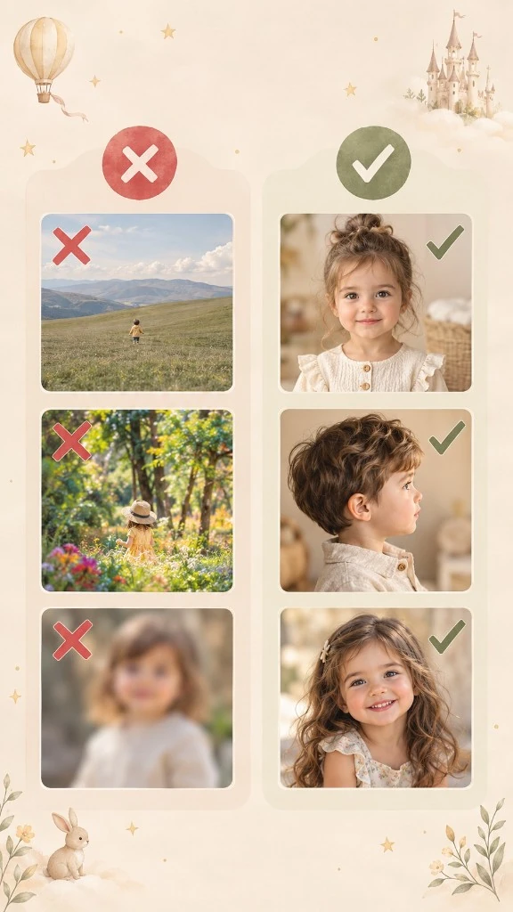 Photo pose guide: avoid distant, hat-covered, or blurry shots; use a clear front face, a side profile, and a clear smile.
